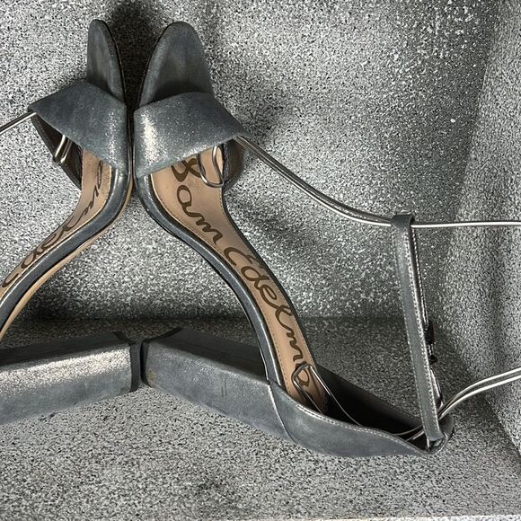 SAM EDELMAN | Yaro Ankle Strap Block Heel Sandals Metallic Pewter Size 9 - Picture 5 of 9